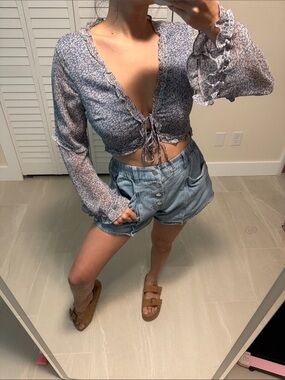 Floral Tie-Front Sheer Crop Top in Dusty Blue